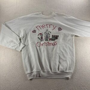 Vintage B.J. Design Concepts Merry Christmas‎ Sweatshirt XL White Holiday Winter